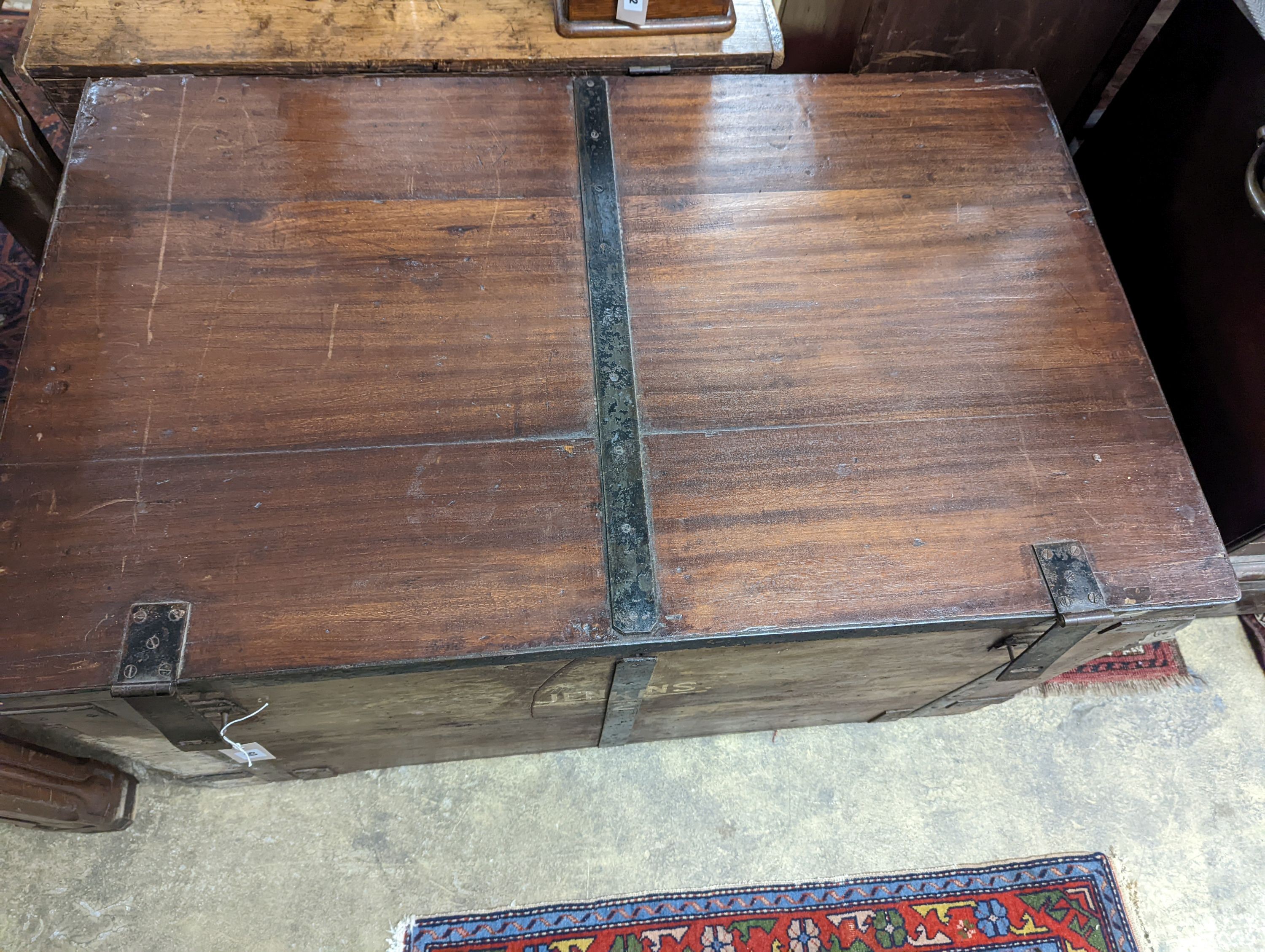 A Victorian iron bound teak trunk with zinc lined interior, width 110cm, depth 67cm, height 61cm